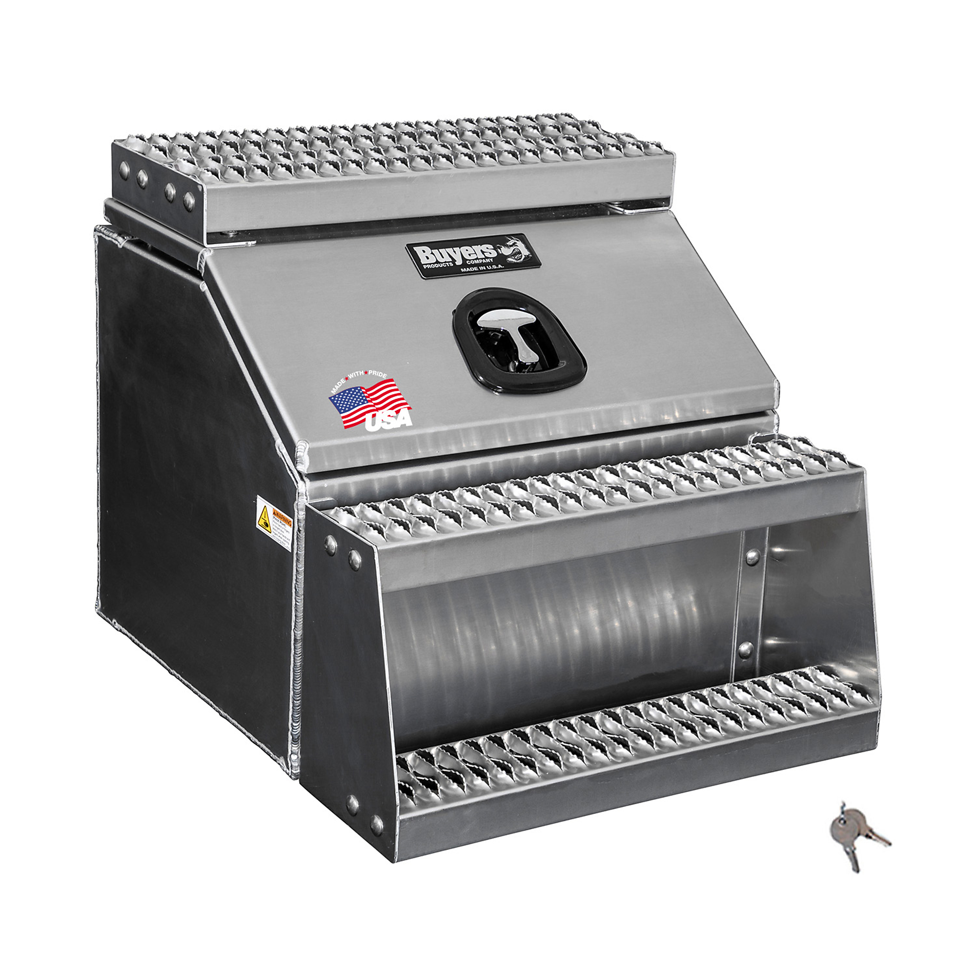Buyers Products, 24in. Wide Saddle Side Step Semi Truck Tool Job Storage Box, Width 28 in, Material Aluminum, Color Finish Diamond Plate Silver, Model# 1705282
